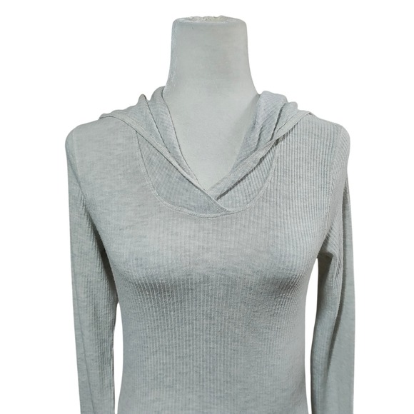 Spiritual Gangster Womens Beige Ribbed Knit Long Sleeve Hoodie Thumbholes - Picture 11 of 15